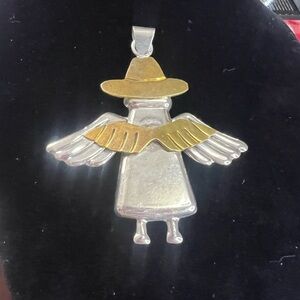 Vintage 925 Mexico Two Tone Angel Wing w/Hat Pendant, 3in ~7.4 g